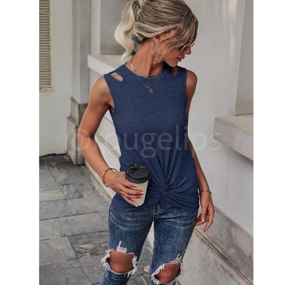 Blue Tank Top Shirt Casual Cut Out Shoulders Twisted Knot Hem - Picture 2 of 8